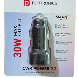 Portronics Car Power 30W Fast Car Charger - Dual Output (USB & Type-C PD)