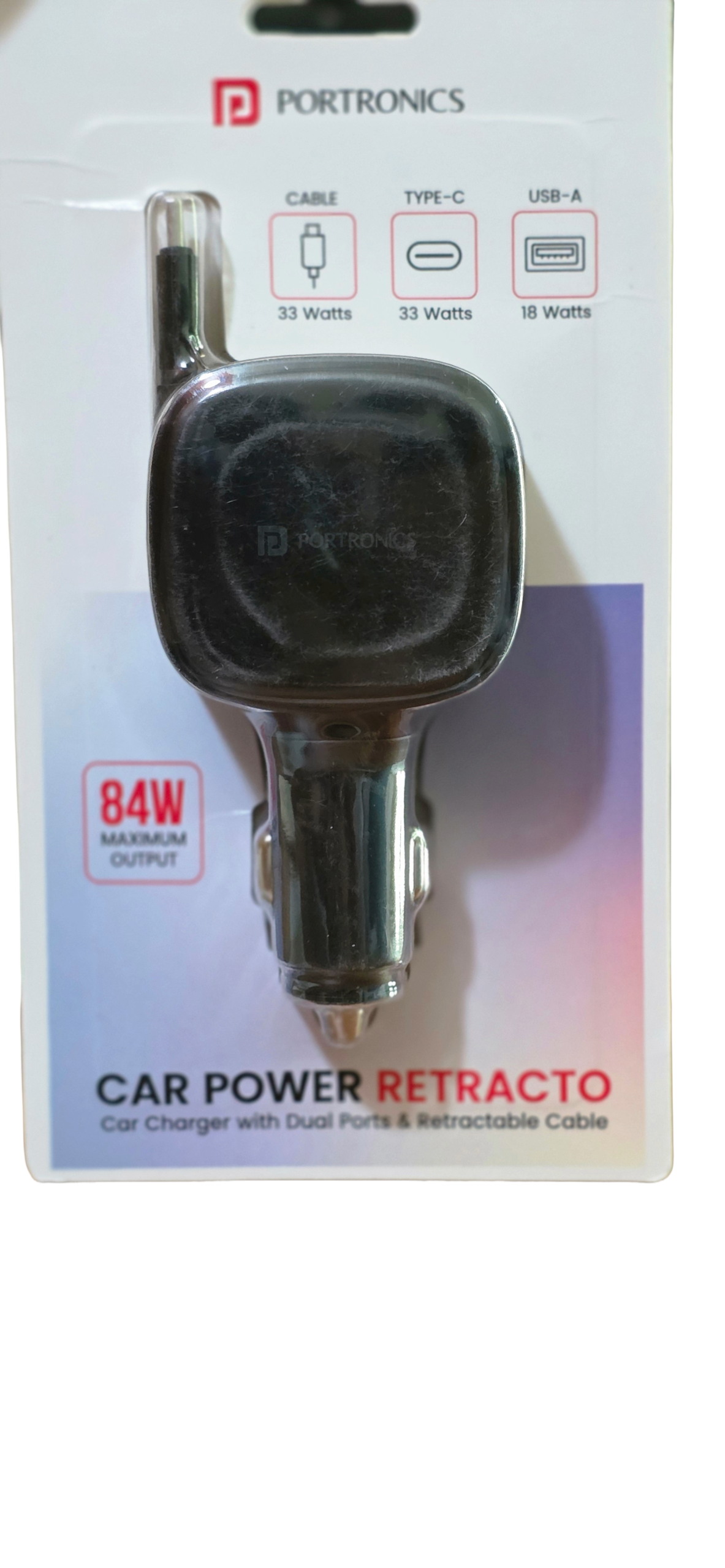 Portronics Car Power Retracto 84W Fast Car Charger - With Built-In Retractable Cable