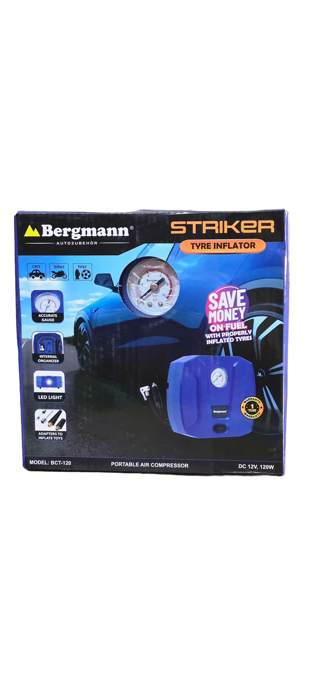 Bergmann Striker Tyre Inflator (Model BCT-120) - 12V Portable Air Compressor - Image 2